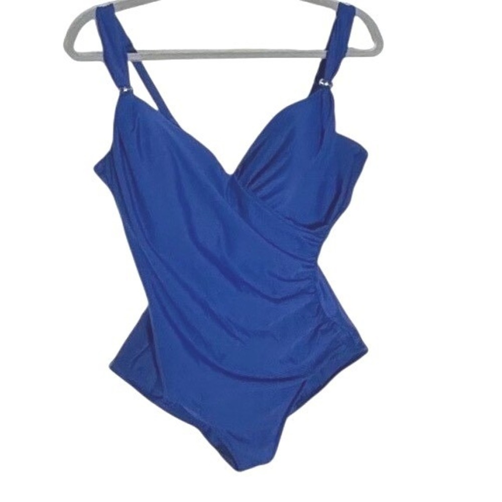 Miraclesuit Siren One Piece Swimsuit  Slimming Control Ruched V-Neck‎ Blue 16
